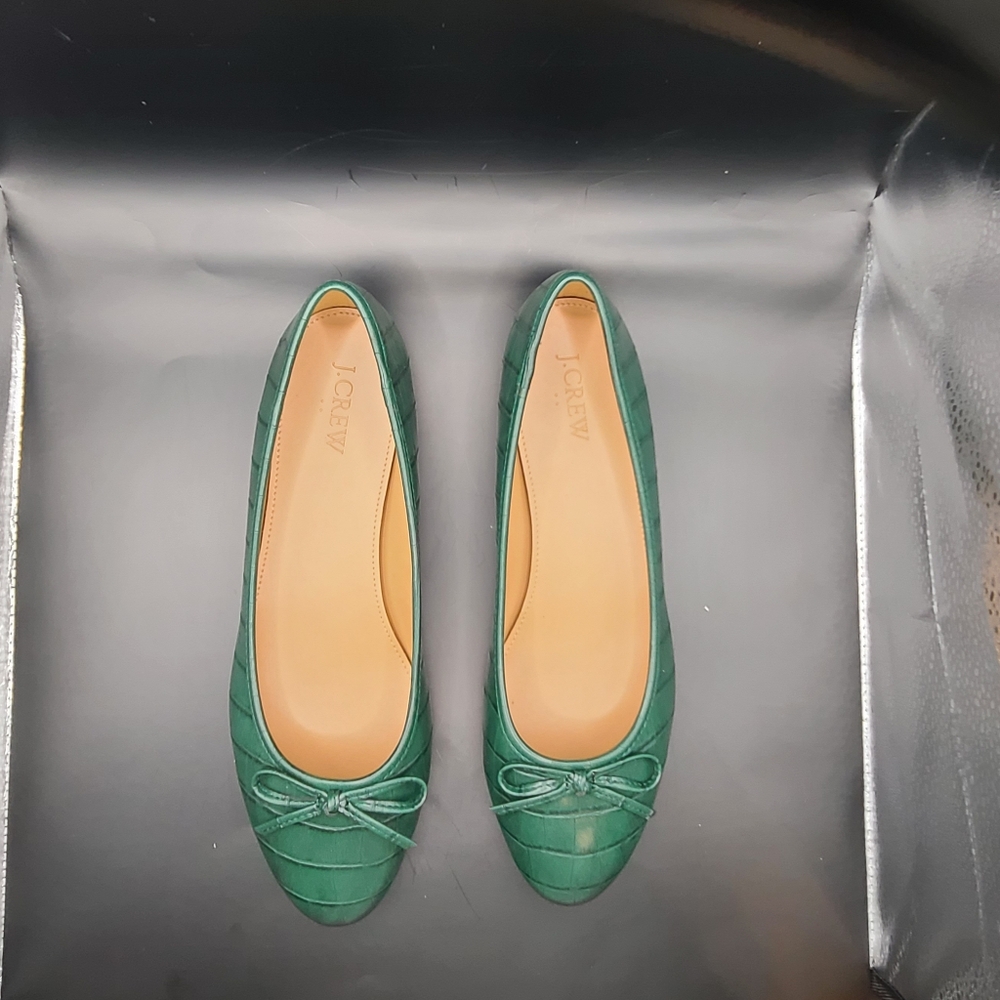 J Crew Crocodile Embossed Green Ballerina Bow Flats Sz 9 NWT